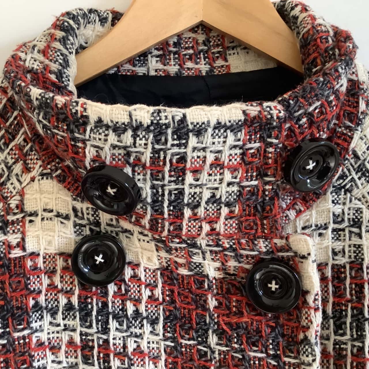 Red Check Stand Collar Button-Down Coat