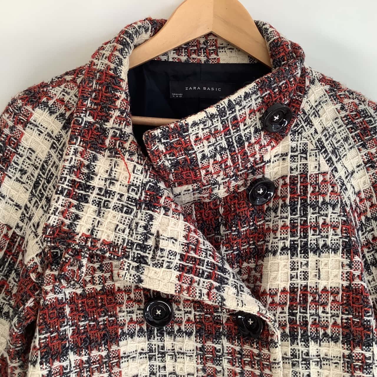 Red Check Stand Collar Button-Down Coat