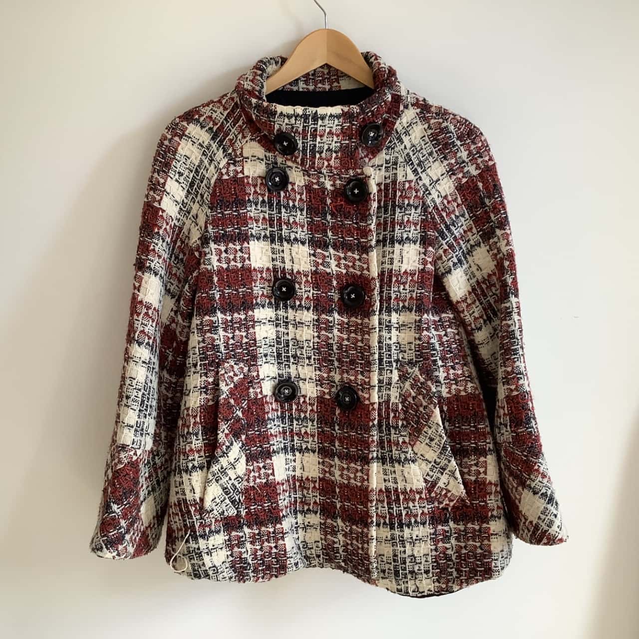 Red Check Stand Collar Button-Down Coat
