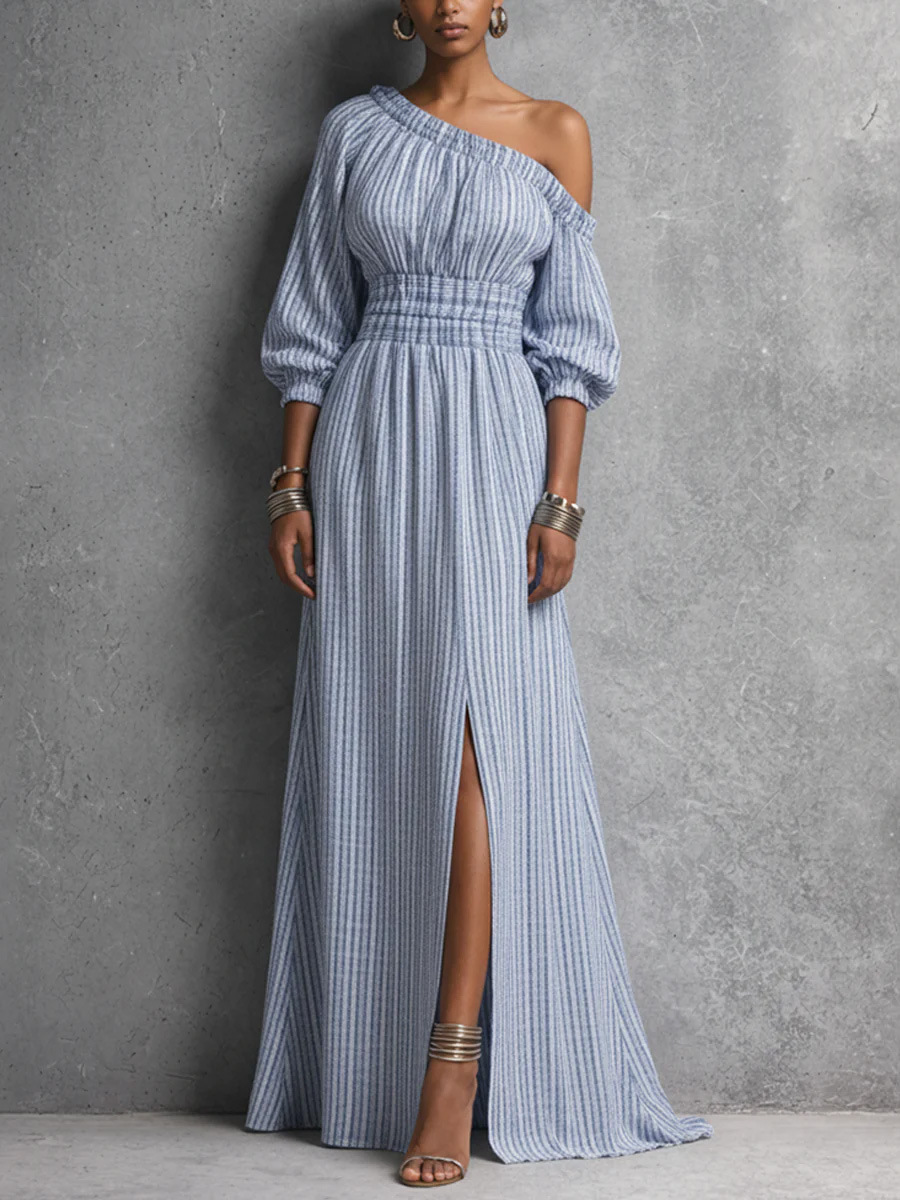 Elegant One-Shoulder Striped Cinched-Waist Maxi Dress