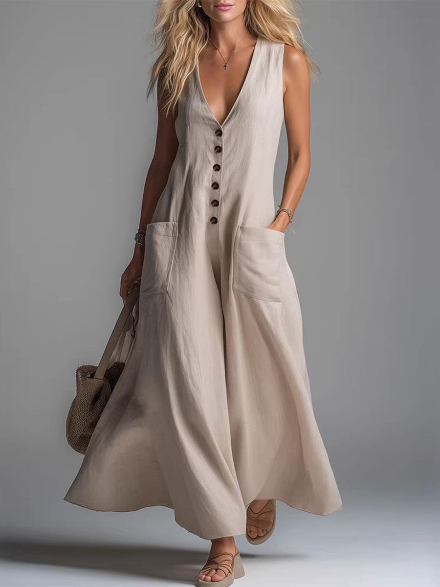 Sleeveless Button-Front Maxi Dress
