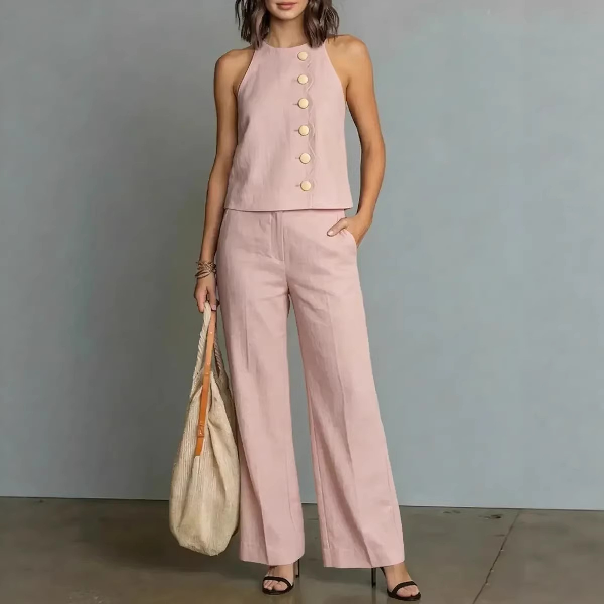Women's Sleeveless Top & High-waisted Wide-leg Pants Two-piece Set