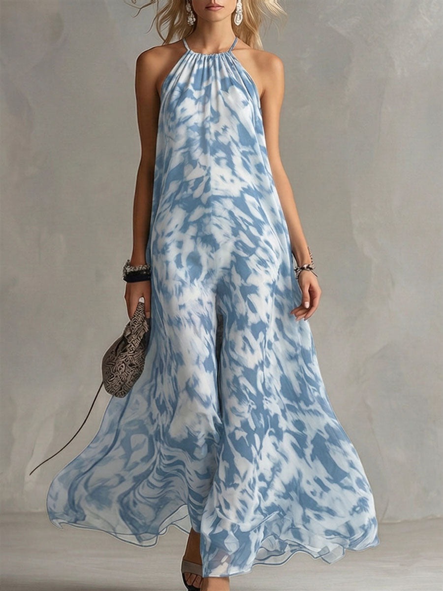 Elegant Urban Navy Blue Impression Print Chiffon Halter Maxi Dress