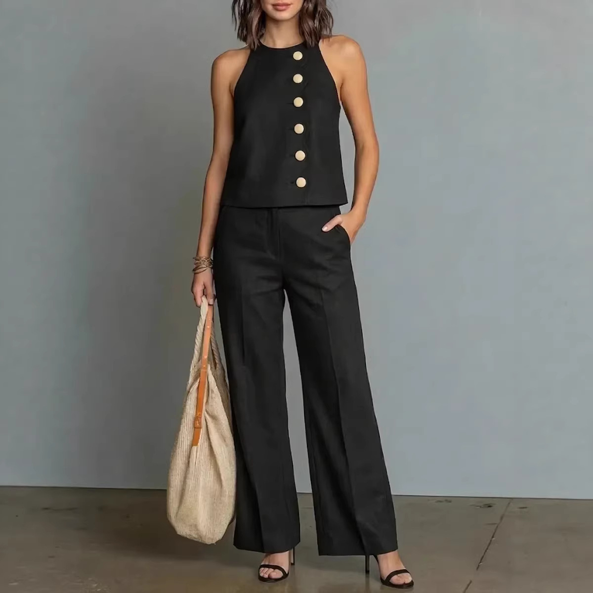 Women's Sleeveless Top & High-waisted Wide-leg Pants Two-piece Set