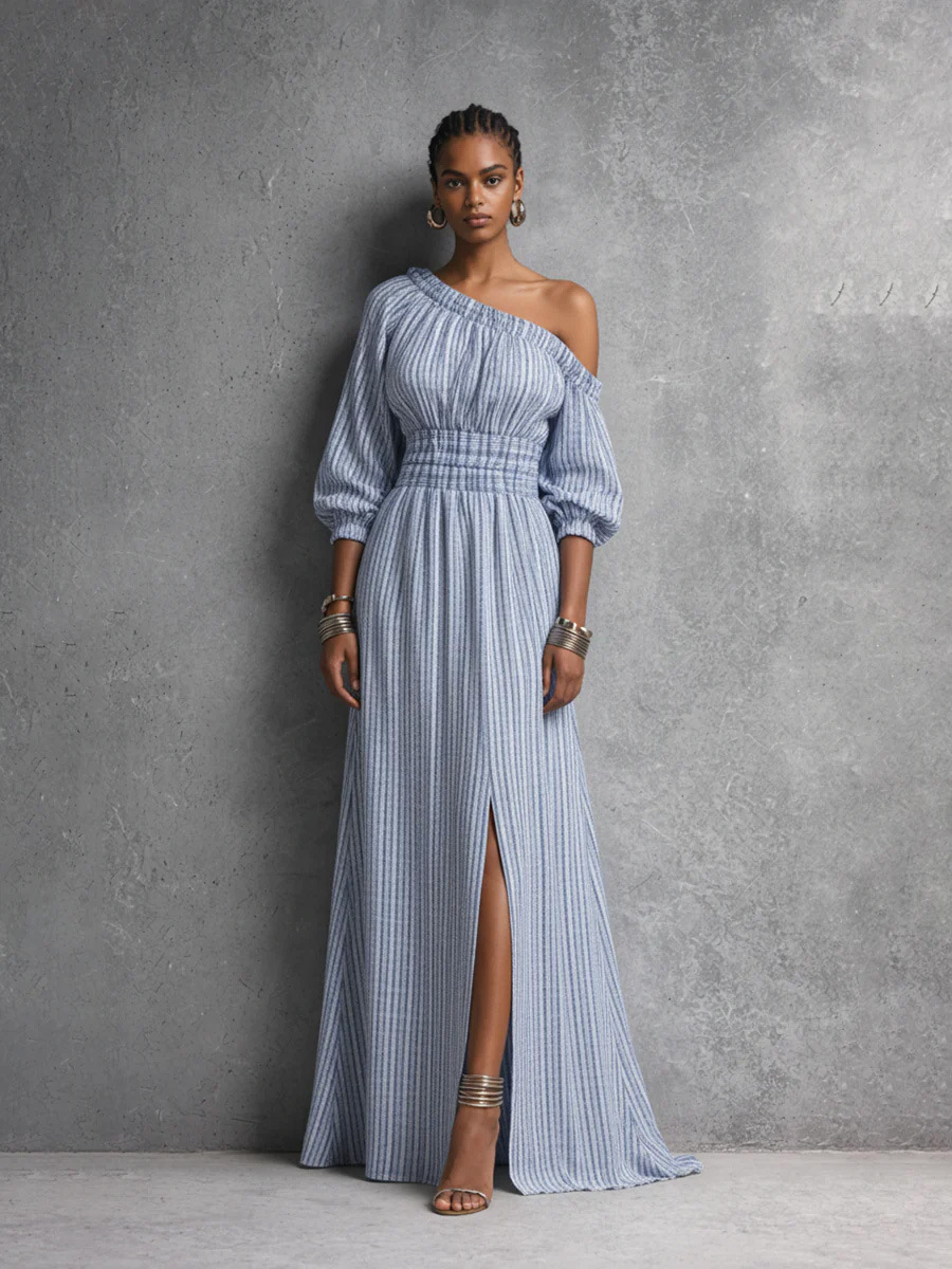 Elegant One-Shoulder Striped Cinched-Waist Maxi Dress