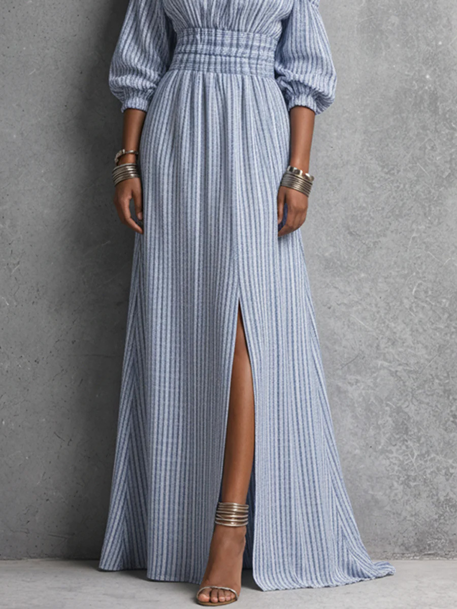 Elegant One-Shoulder Striped Cinched-Waist Maxi Dress