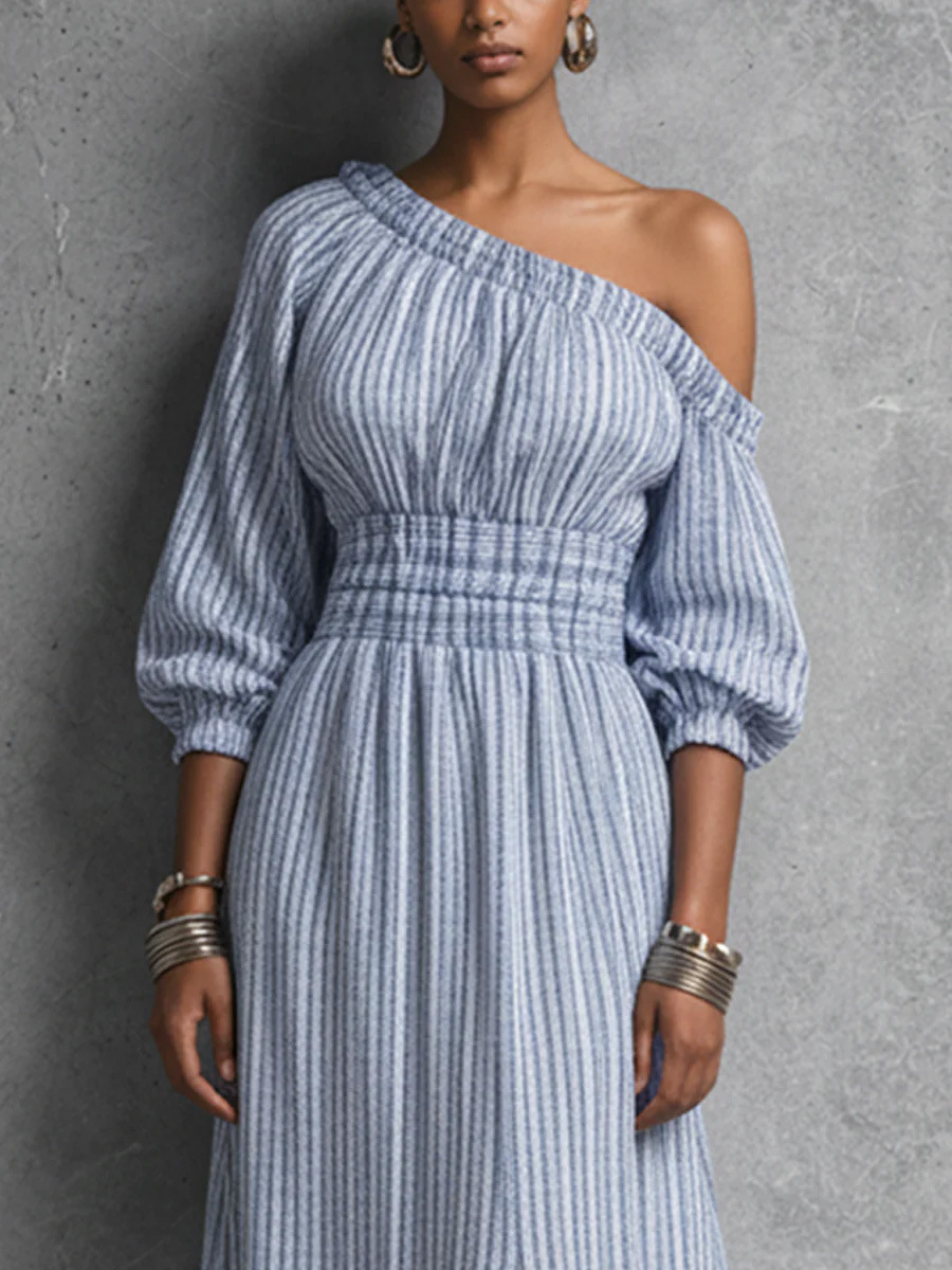 Elegant One-Shoulder Striped Cinched-Waist Maxi Dress