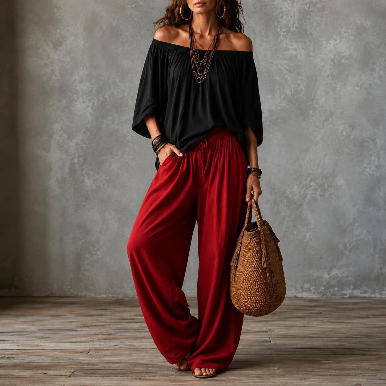 Off-Shoulder Boho Top and Lantern Pants Set for Women