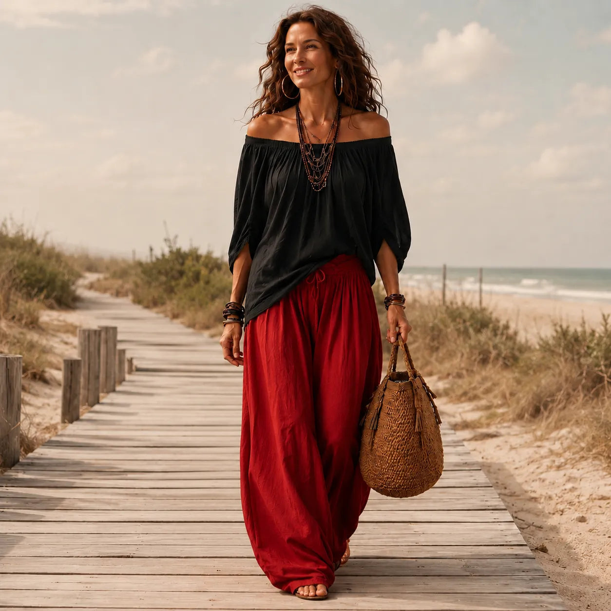 Off-Shoulder Boho Top and Lantern Pants Set for Women