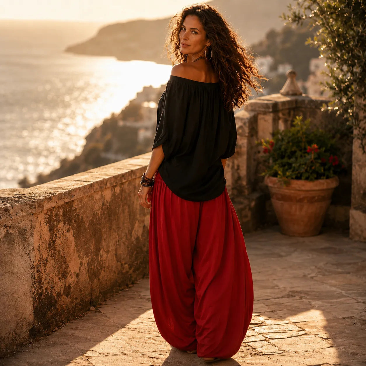 Off-Shoulder Boho Top and Lantern Pants Set for Women