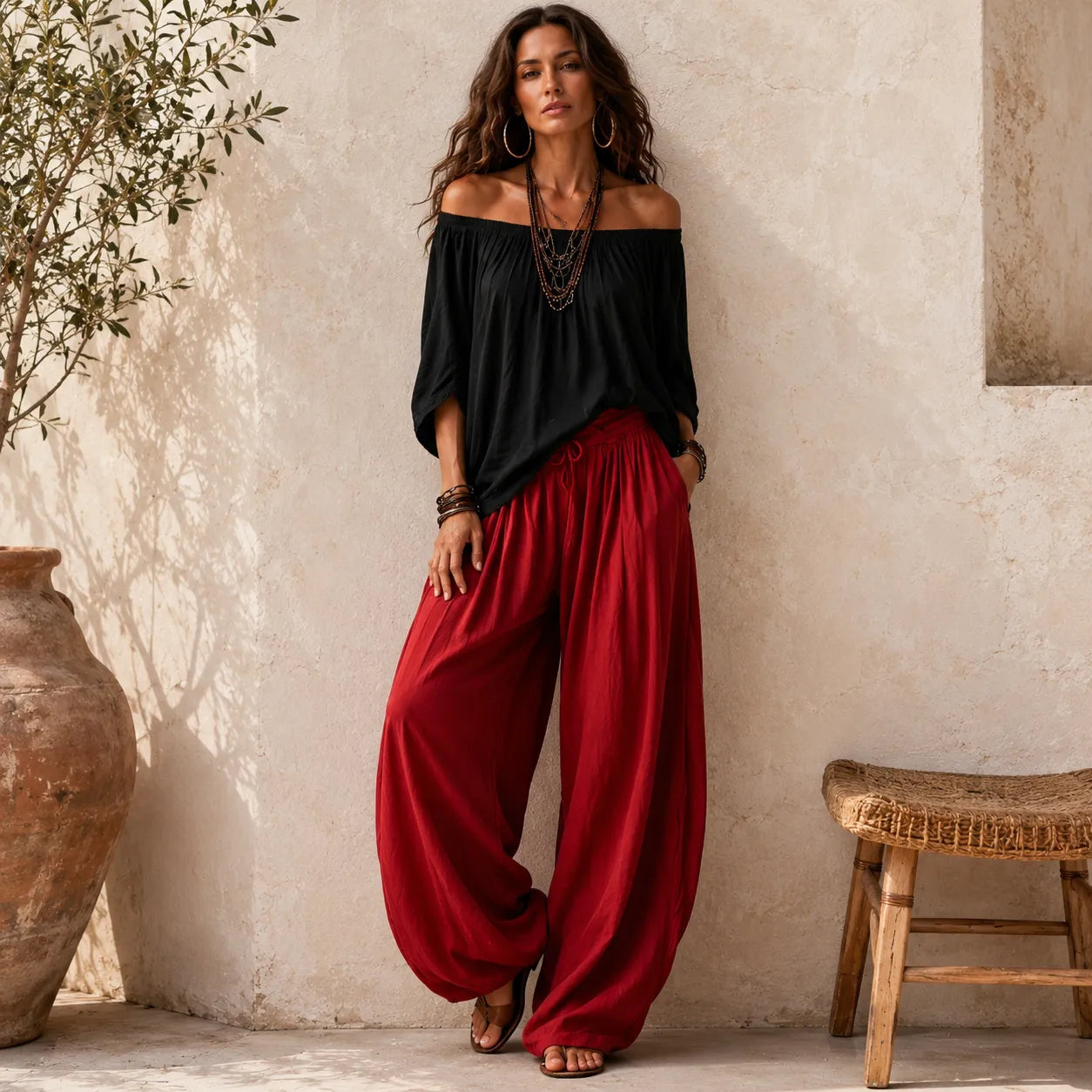 Off-Shoulder Boho Top and Lantern Pants Set for Women