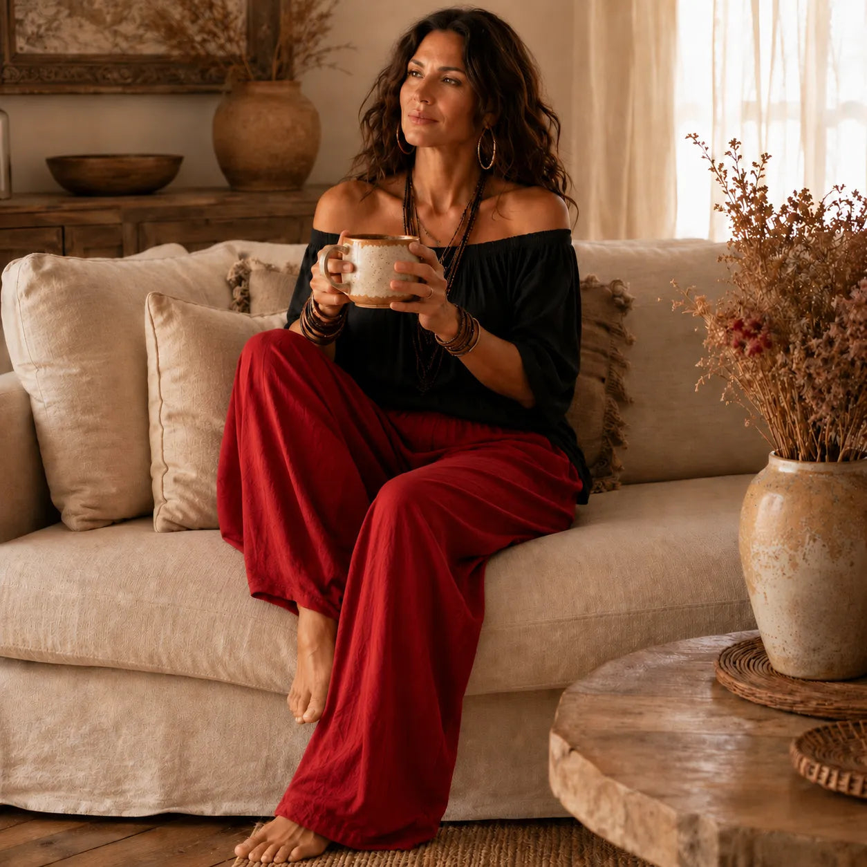 Off-Shoulder Boho Top and Lantern Pants Set for Women