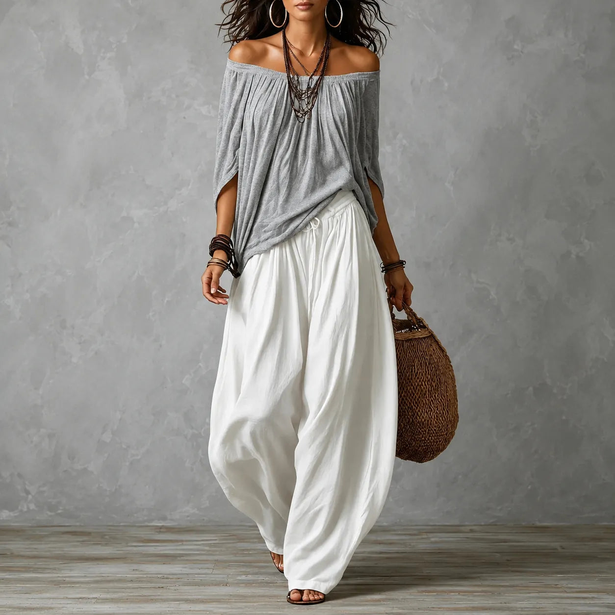 Off-Shoulder Boho Top and Lantern Pants Set for Women