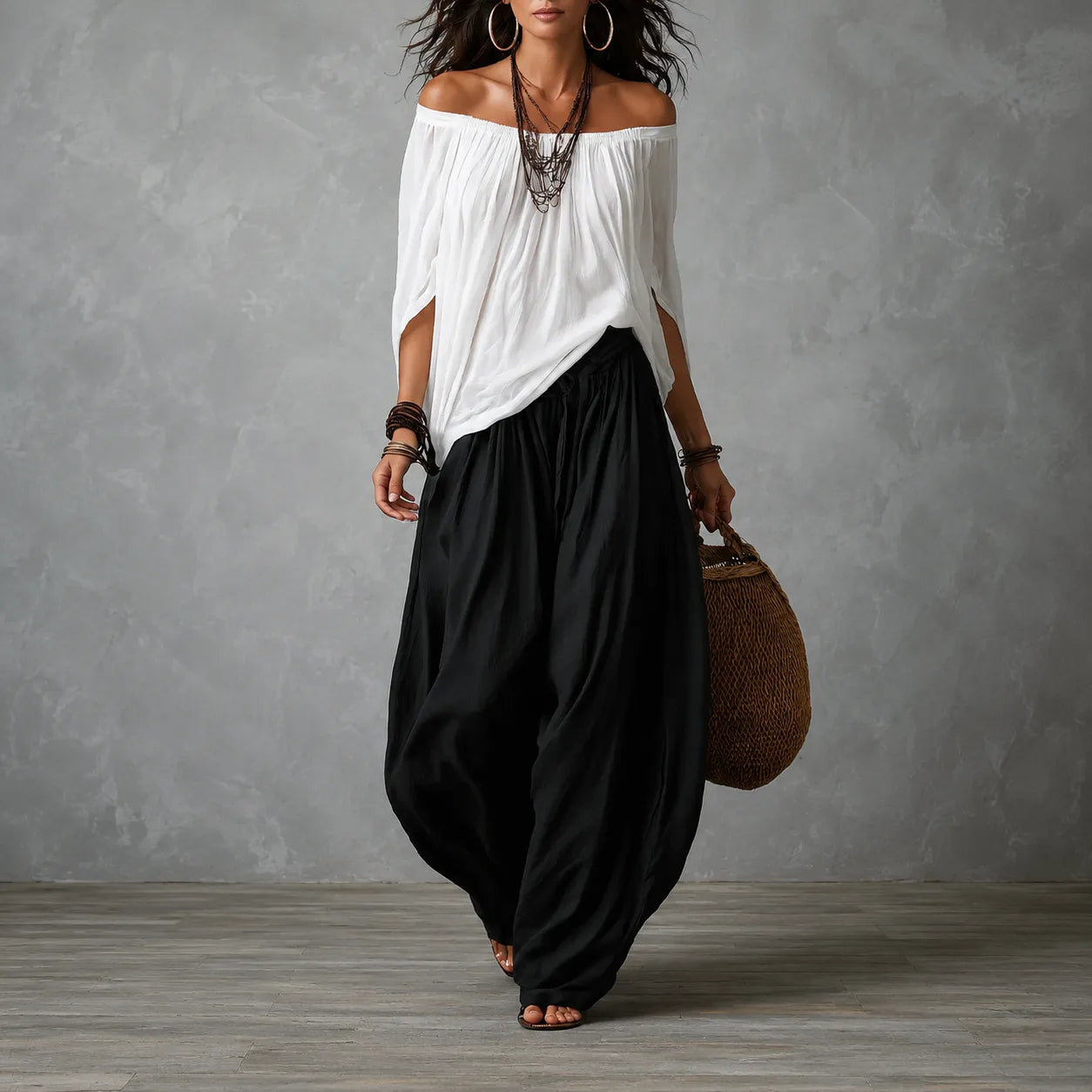 Off-Shoulder Boho Top and Lantern Pants Set for Women