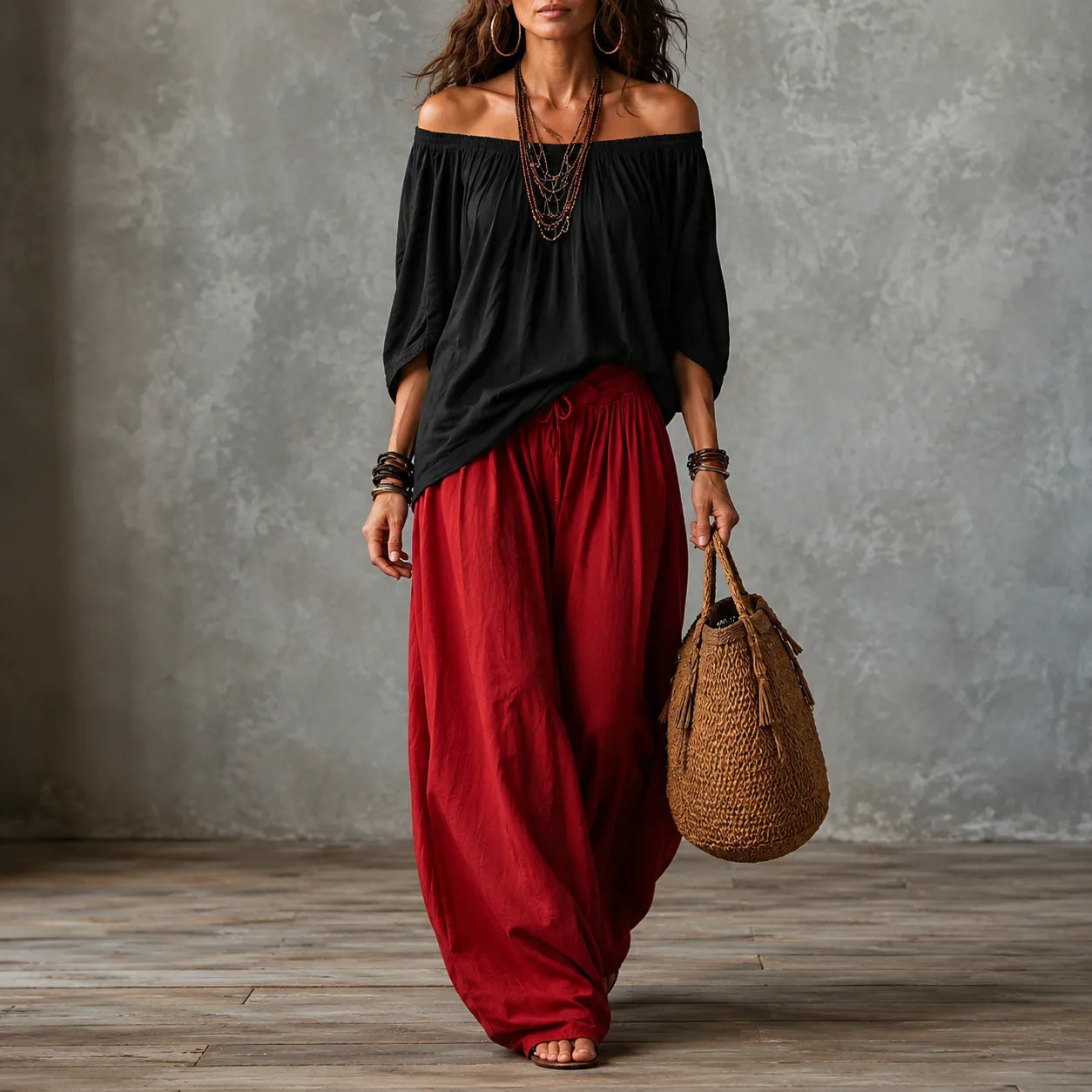 Off-Shoulder Boho Top and Lantern Pants Set for Women
