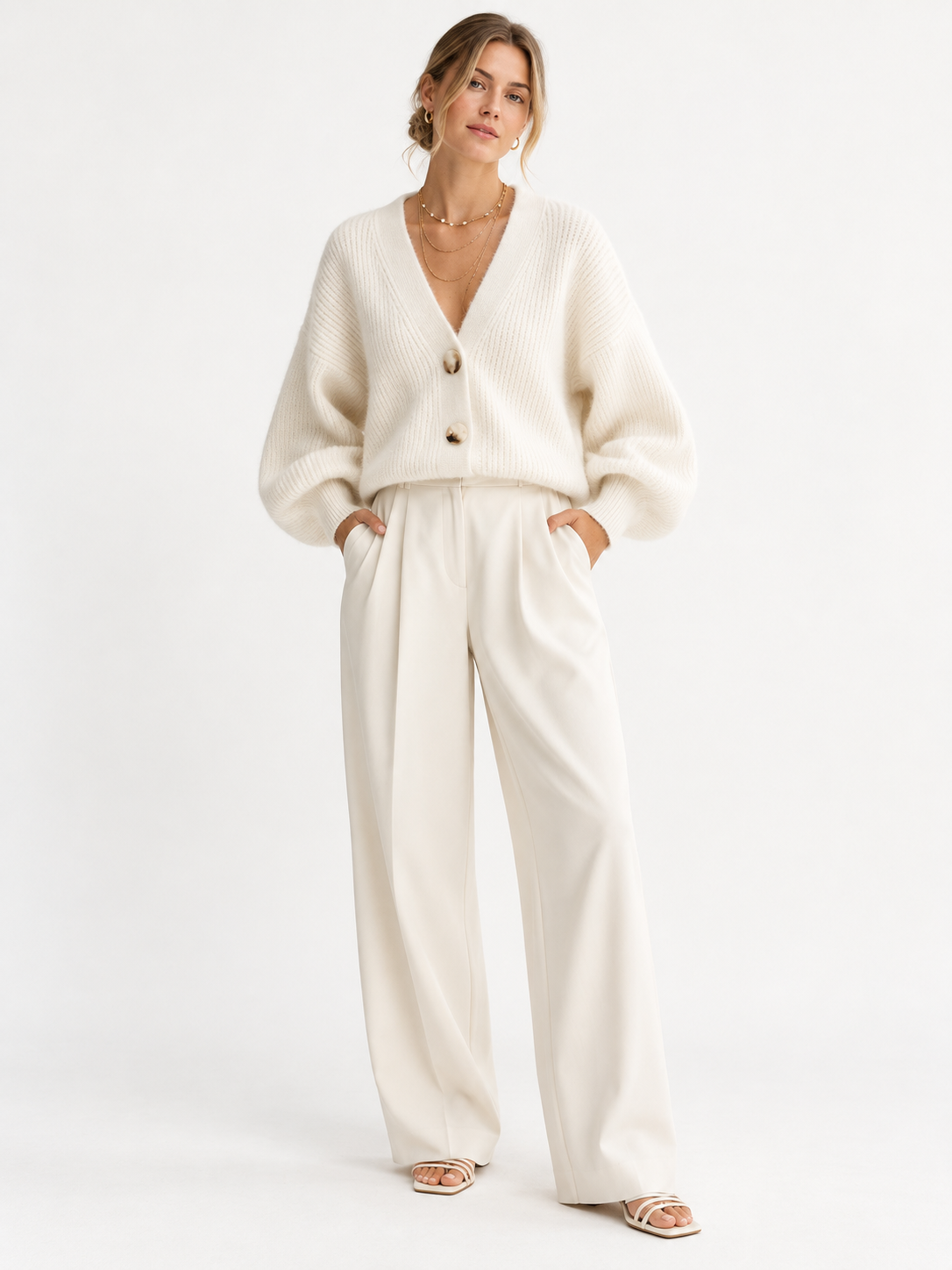 Women's Soft Knit V-Neck Cardigan & Wide-Leg Pants Set