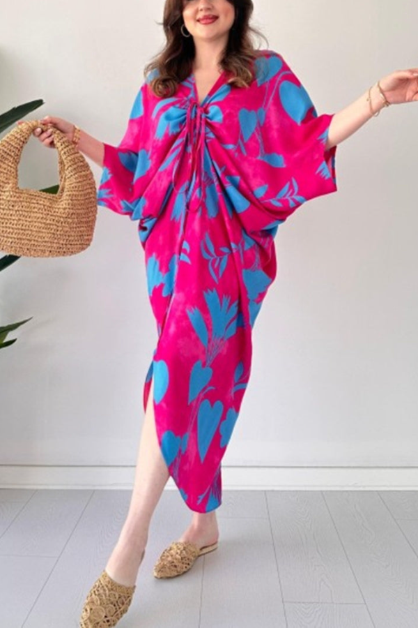 🎁Mother’s Day Sale 49% OFF-Fashionable V-neck Printed Loose-Fit Batwing Sleeve Drawstring Dress