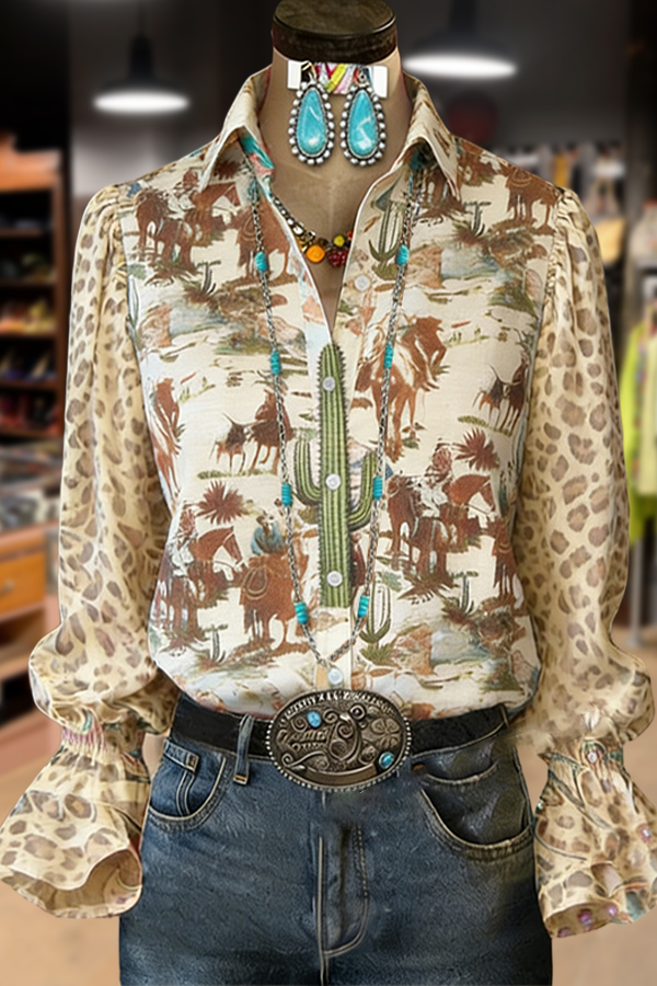 Western Cowboy Print Collard Leopard Flared Cuffs Blouse