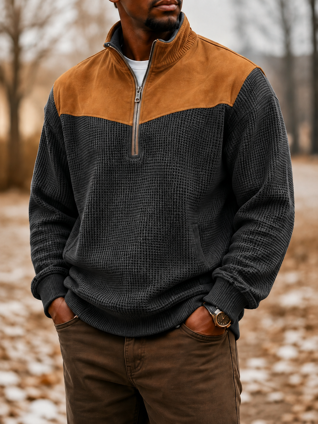 Men’s Waffle Knit Suede-Panel Quarter-Zip Pullover