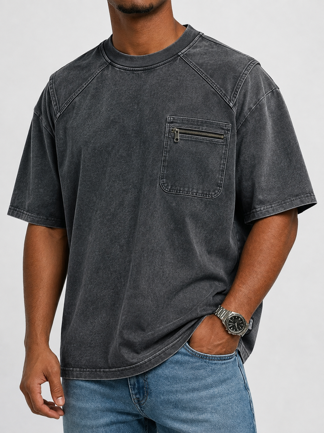 Men’s Vintage Washed Zip-Pocket Panel T-Shirt