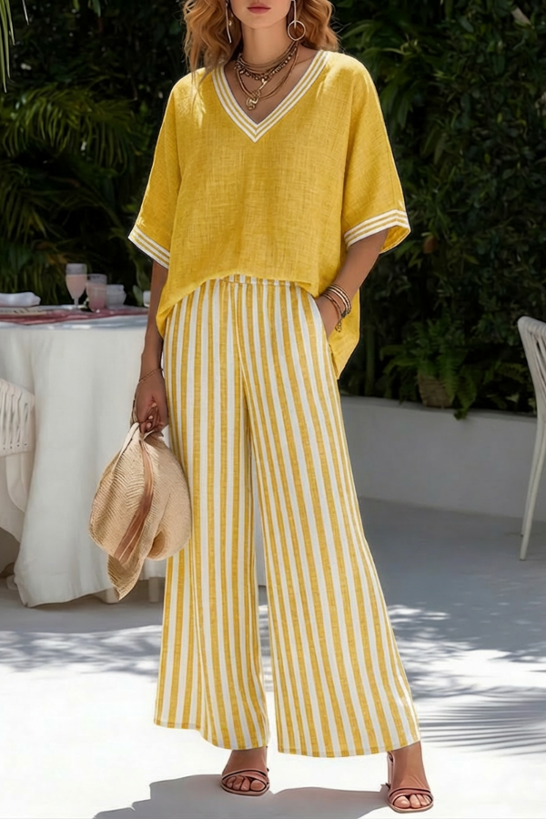 Striped Linen Cotton-stitched Top And Striped Trousers