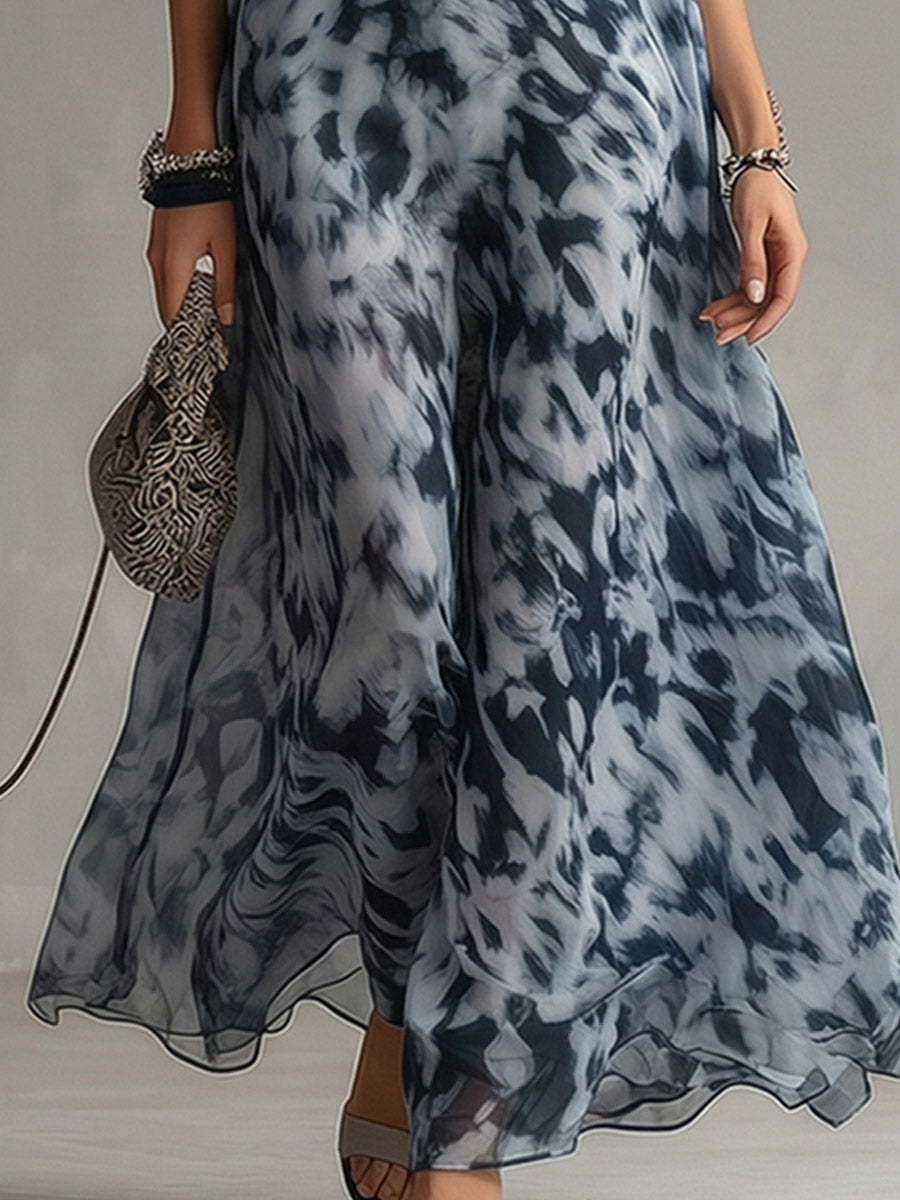 Elegant Urban Navy Blue Impression Print Chiffon Halter Maxi Dress