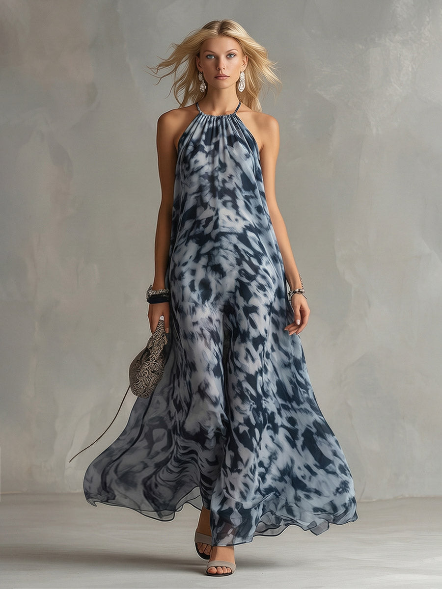 Elegant Urban Navy Blue Impression Print Chiffon Halter Maxi Dress