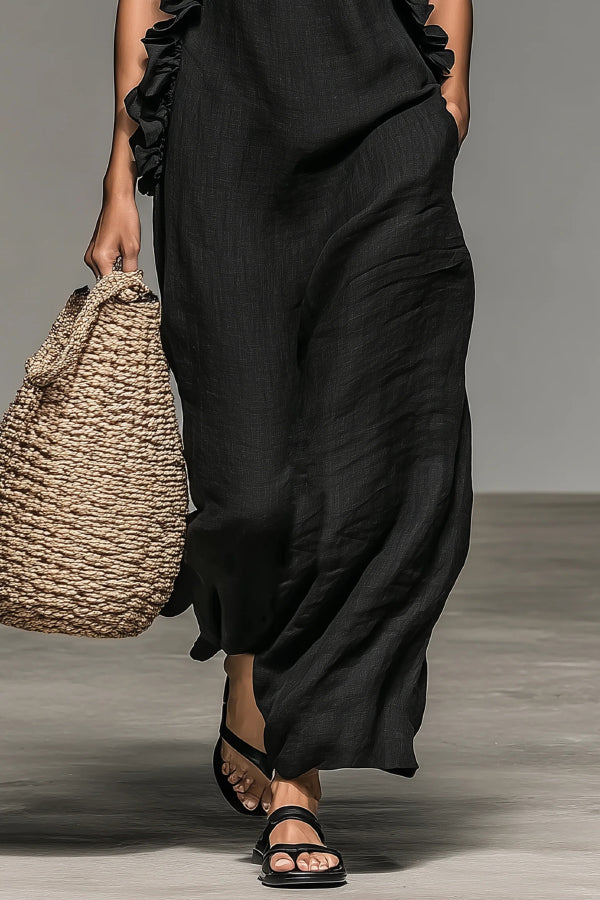 Linen Blend Halter Neck Ruffle Sleeveless Casual Loose Maxi Dress