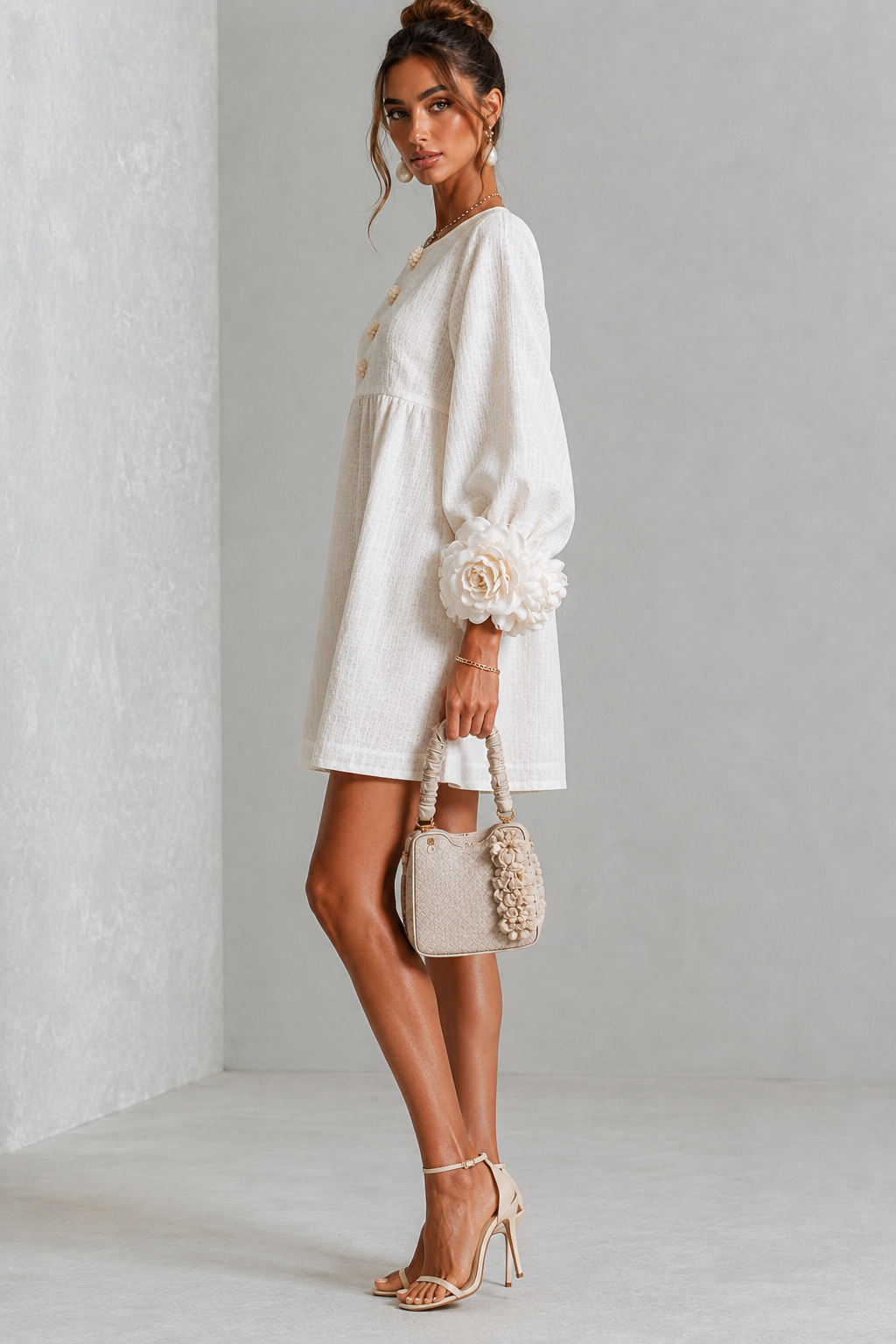  WhiteTextured Floral Button-Down Mini Dress With Striking Floral Cuffs