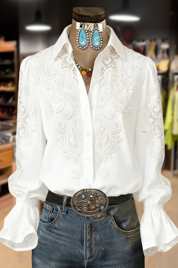 Vintage Flower Embroidered Flared Cuffs Blouse