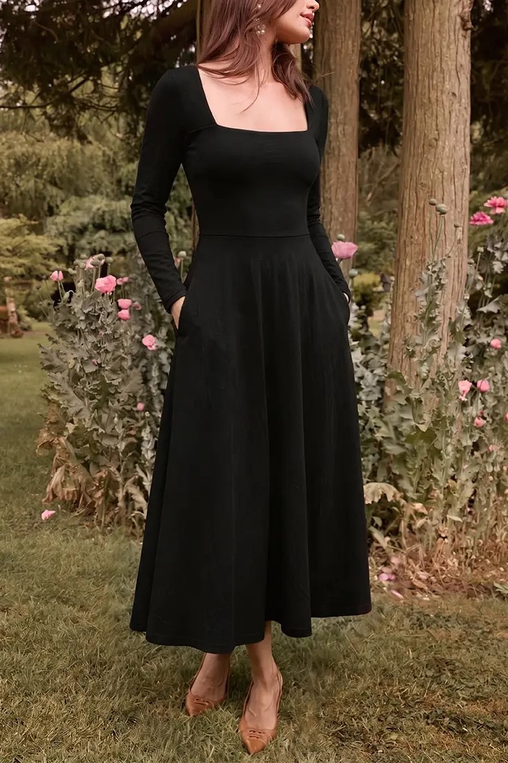 Elegant Square Neck Long Sleeve Midi Swing Dress