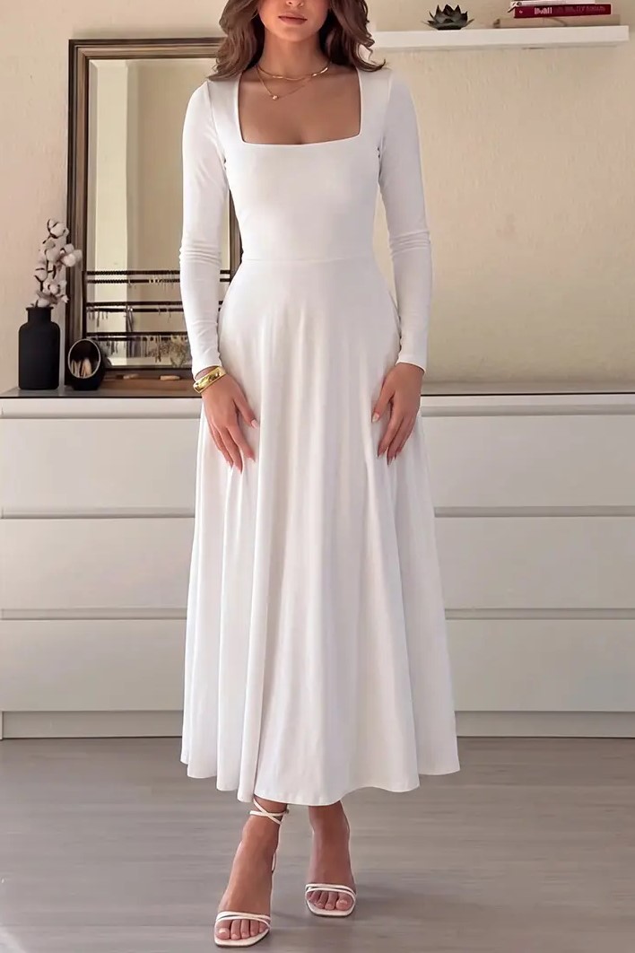 Elegant Square Neck Long Sleeve Midi Swing Dress