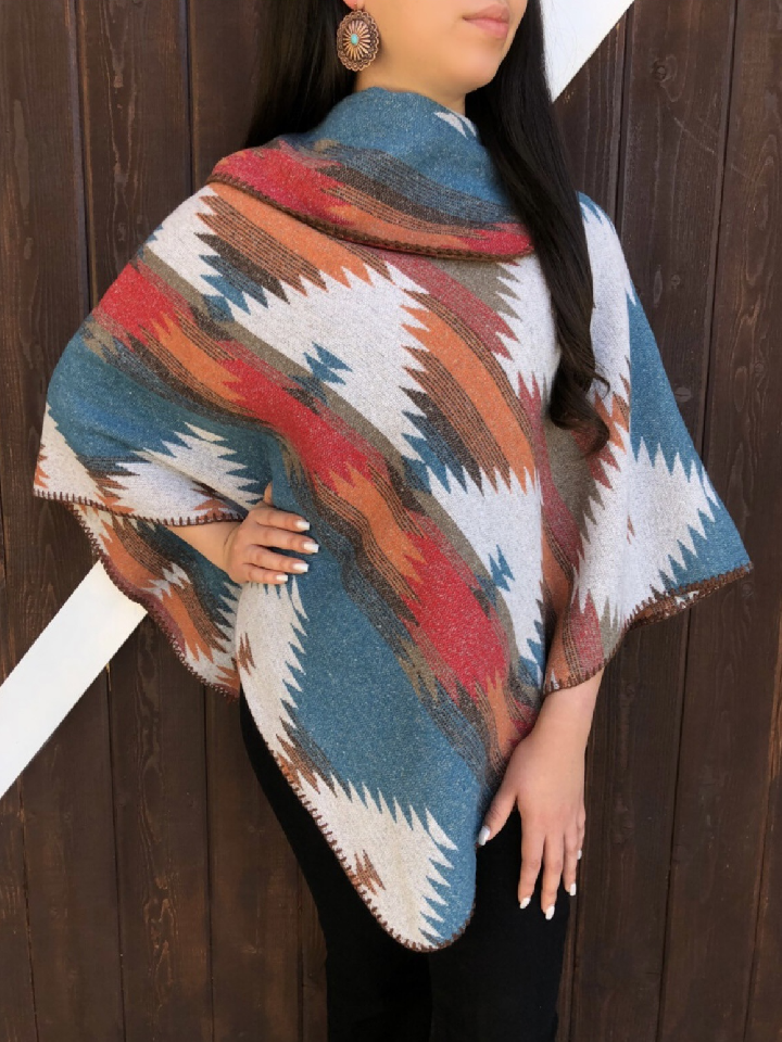 "Stylish Aztec"Western Pattern Poncho ( Teal )