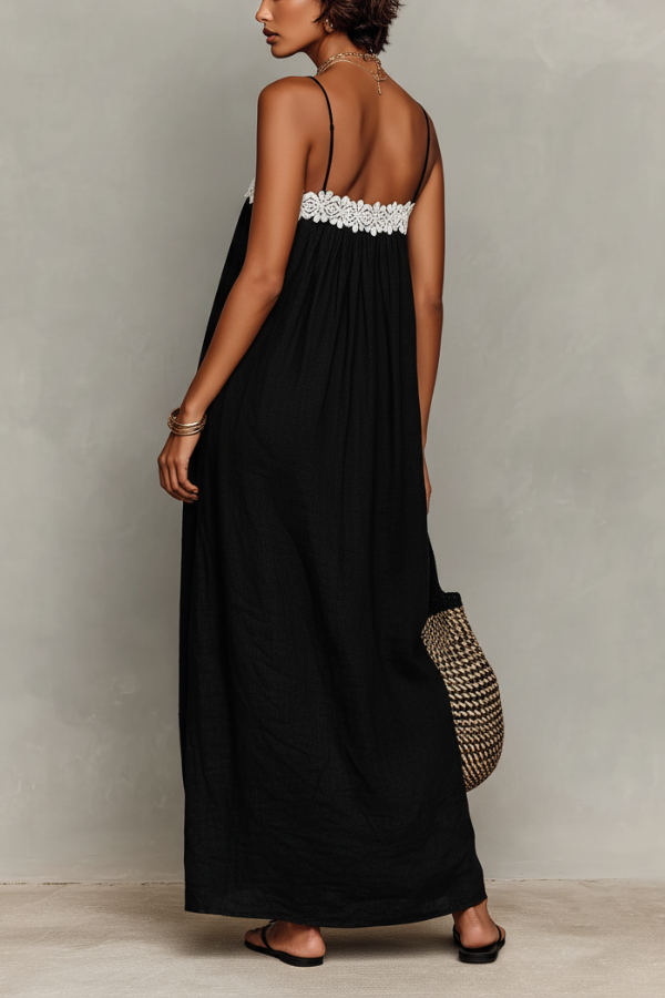 Women’s Minimalist Linen-Blend Lace-Patchwork Strapless Slip Maxi Dress