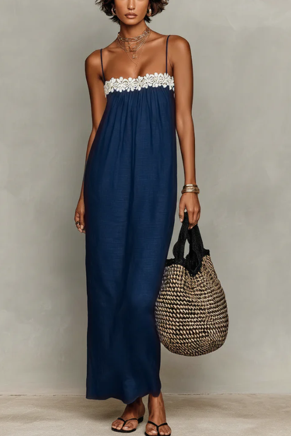 Women’s Minimalist Linen-Blend Lace-Patchwork Strapless Slip Maxi Dress