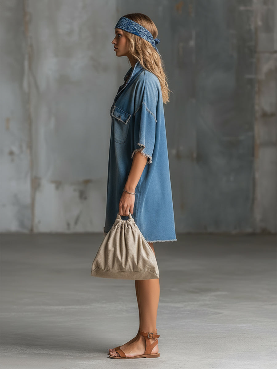Stylish And Casual Frayed-edge Blue Denim Short-sleeved Mini Dress
