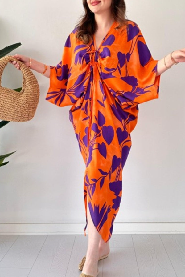 🎁Mother’s Day Sale 49% OFF-Fashionable V-neck Printed Loose-Fit Batwing Sleeve Drawstring Dress