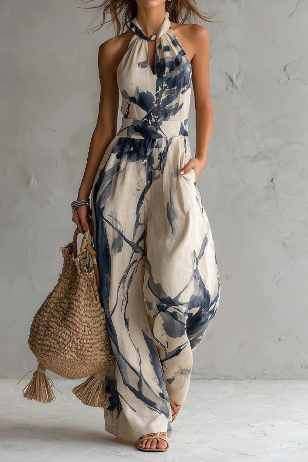 Backless Printed Wide-leg Jumpsuit