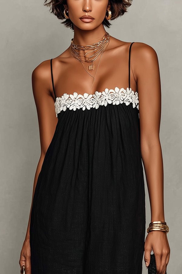 Women’s Minimalist Linen-Blend Lace-Patchwork Strapless Slip Maxi Dress