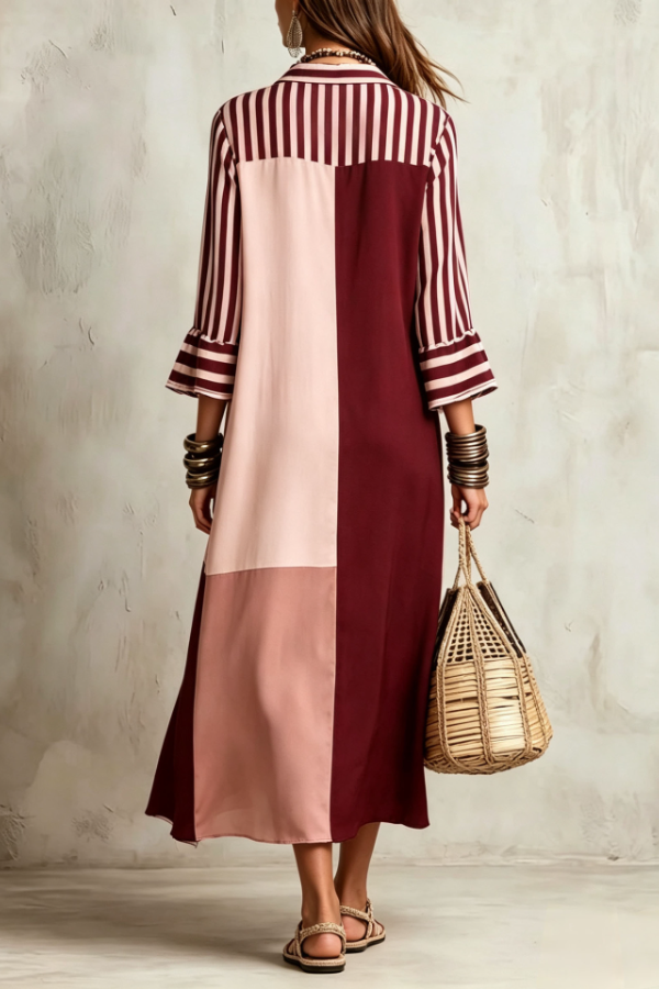 Elegant And Elegant Striped Nine-sleeve Stitching Shirt Dress