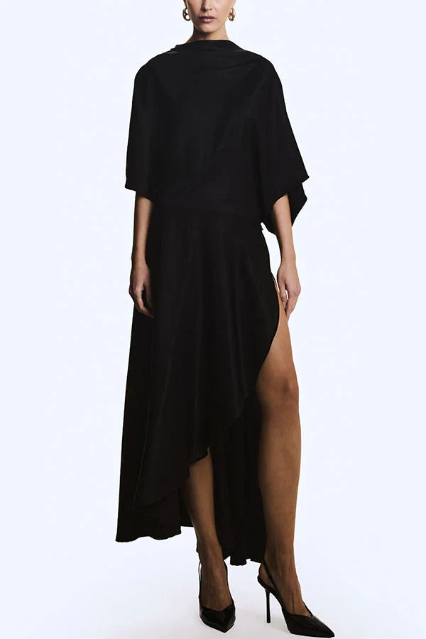Modern and Elegant Satin Half Wide Sleeve Wrap Style Pocket Slit Loose Maxi Dress
