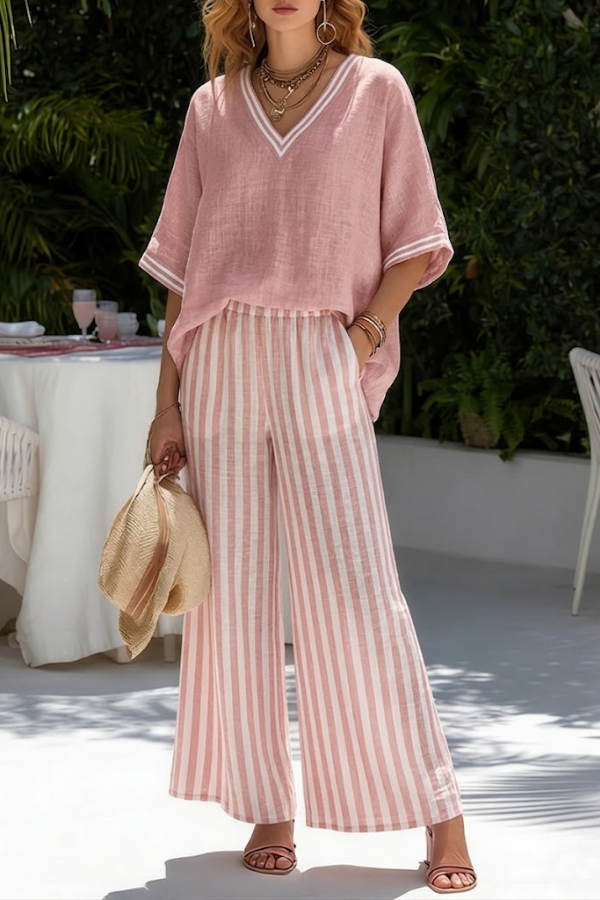 Striped Linen Cotton-stitched Top And Striped Trousers
