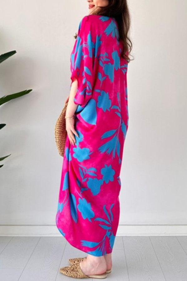 🎁Mother’s Day Sale 49% OFF-Fashionable V-neck Printed Loose-Fit Batwing Sleeve Drawstring Dress