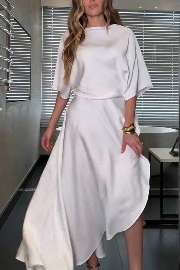 Modern and Elegant Satin Half Wide Sleeve Wrap Style Pocket Slit Loose Maxi Dress