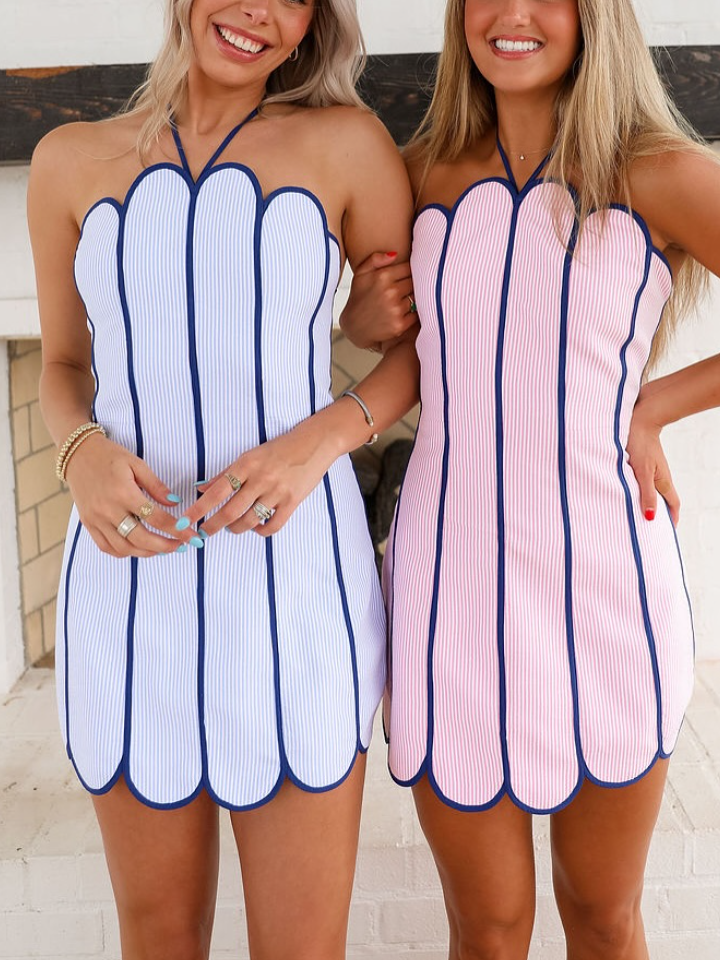 Vertical Stripe Wavy Edge Playful Dress