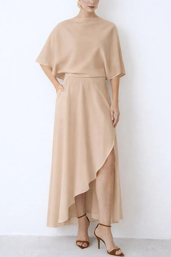 Modern and Elegant Satin Half Wide Sleeve Wrap Style Pocket Slit Loose Maxi Dress