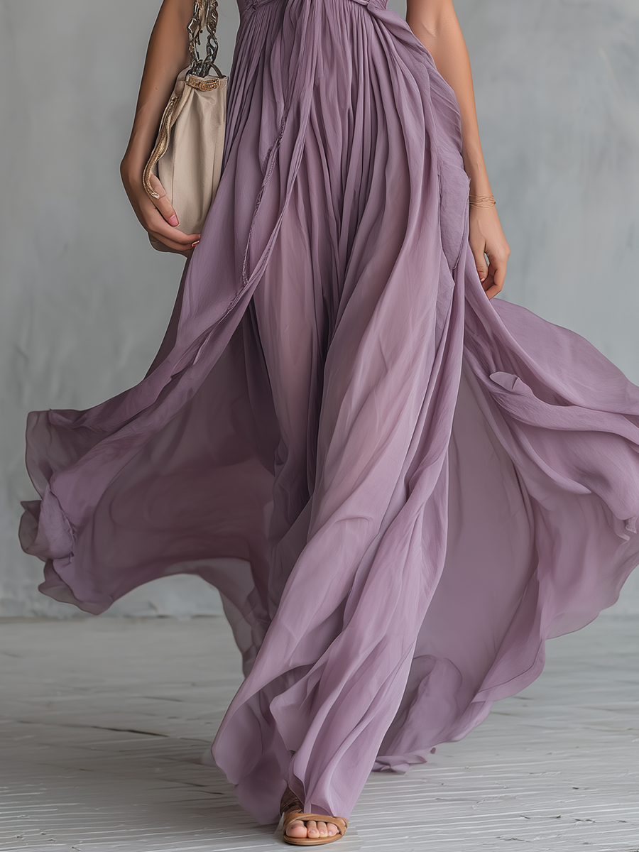 Elegant And Stylish Halter Neck V-neck Sleeveless Chiffon Maxi Dress