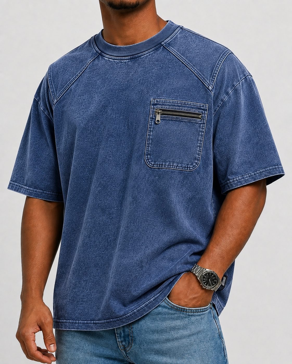 Men’s Vintage Washed Zip-Pocket Panel T-Shirt
