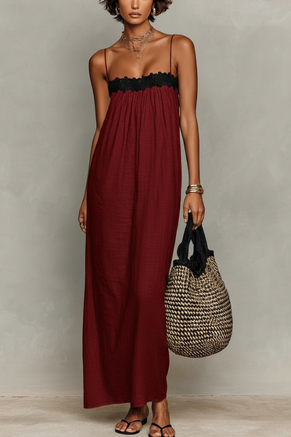 Women’s Minimalist Linen-Blend Lace-Patchwork Strapless Slip Maxi Dress