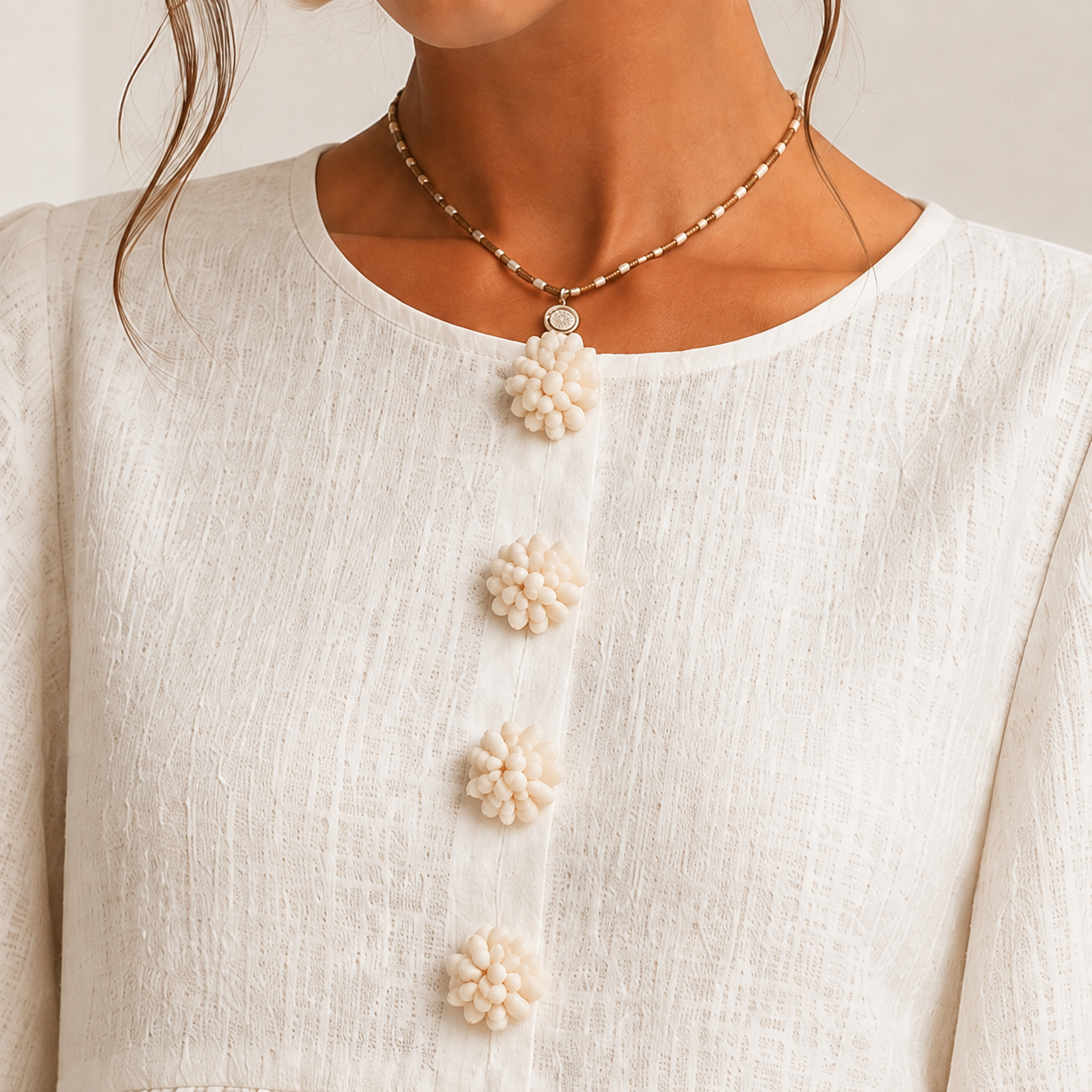  WhiteTextured Floral Button-Down Mini Dress With Striking Floral Cuffs